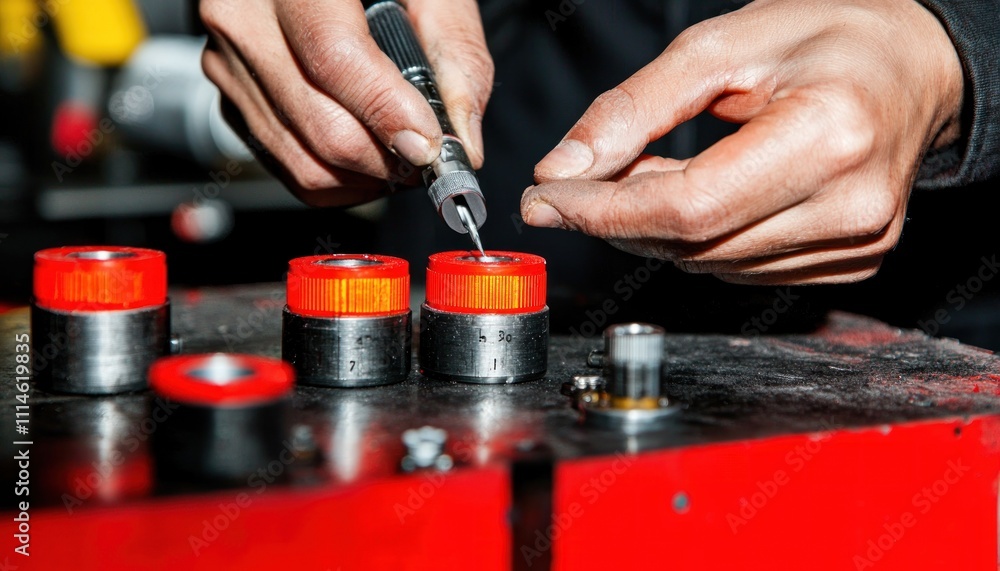 Poster Close-up of hands using a tool on red and black machine parts