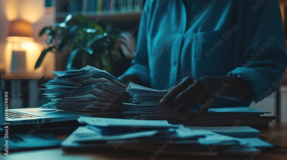 Aufkleber a person's hand sorting through a stack of papers at a desk