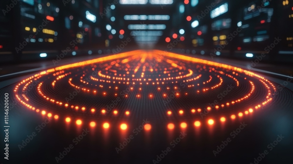 Poster virtual reality interface. futuristic glowing orange circular digital interface with grid and hologr