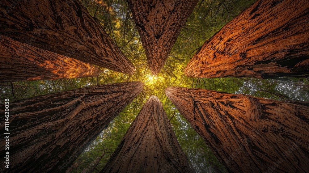 Poster a view upward through the canopy of a redwood forest