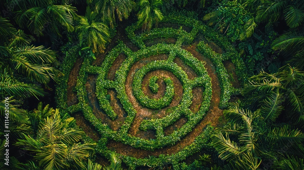 Poster aerial view of a circular green maze in a lush forest