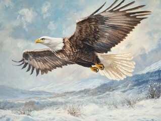 Obraz premium A majestic white-tailed eagle soars gracefully over a snowy landscape beneath a bright blue sky
