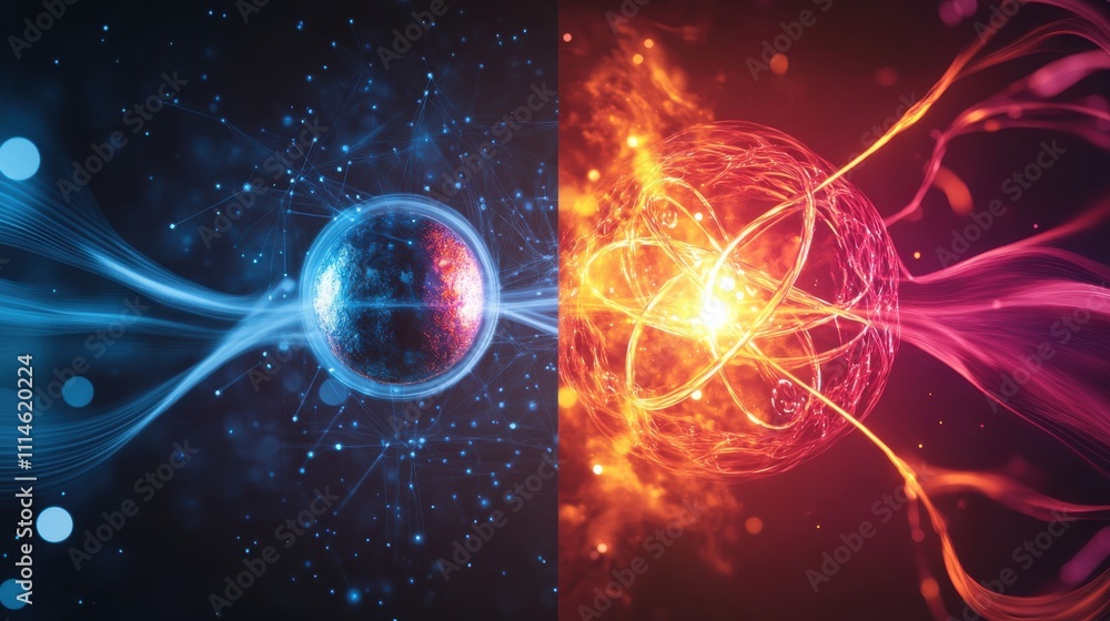 Leinwandbilder A split-view concept depicting quantum mechanics with contrasting visuals of particles and energy waves in a dynamic setting