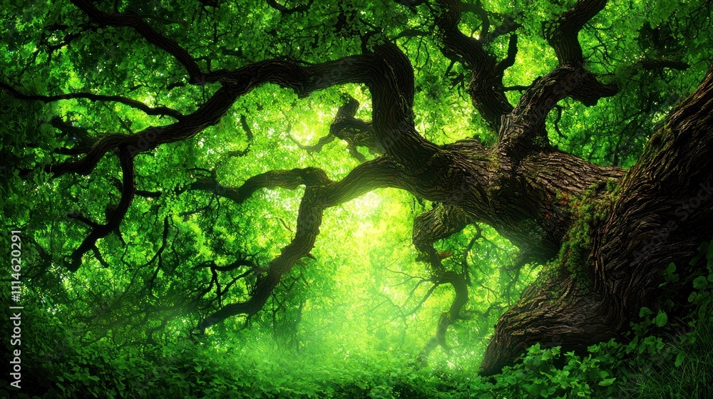 Poster a low angle view of a lush green tree canopy with thick branches