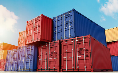 3D rendering of shipping containers stacked in port against blue sky. Vibrant red, blue, and orange containers.