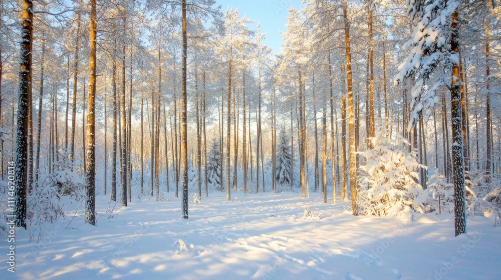 Aufkleber snow-covered pine forest with golden sunlight filtering through the trees
