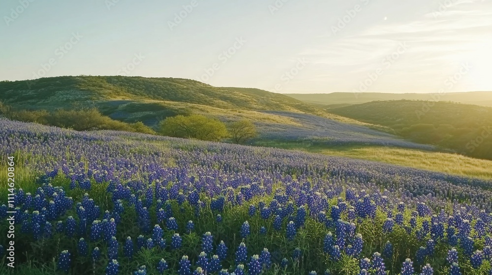 Poster a tranquil afternoon overlooking vast bluebonnet fields in bloom under a clear sky in springtime tex