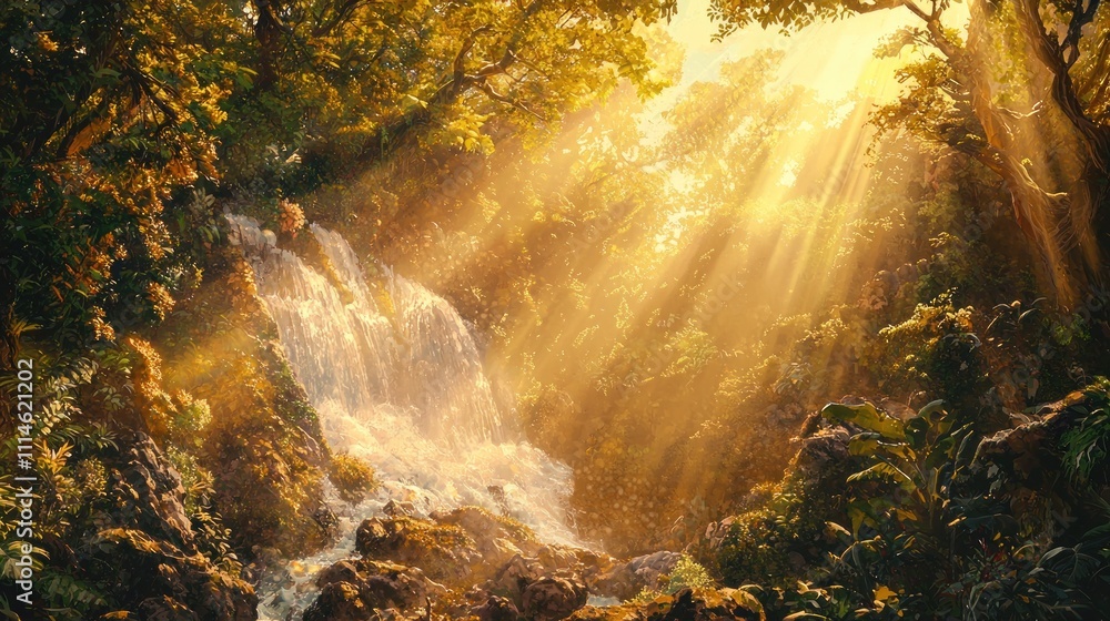 Poster sunbeams illuminating a waterfall in a lush forest