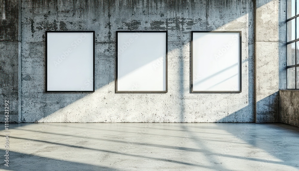 Poster three blank frames on a concrete wall with a window