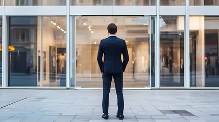 Fototapeta premium A man in a suit stands in front of a large glass door