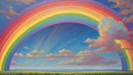A rainbow arcs across the sky after a brief afternoon rain, bright against the