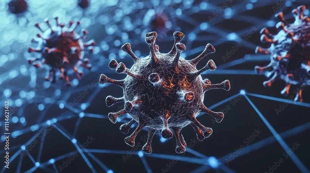 Poster a detailed 3d rendering of a virus with spikes against a blue network background