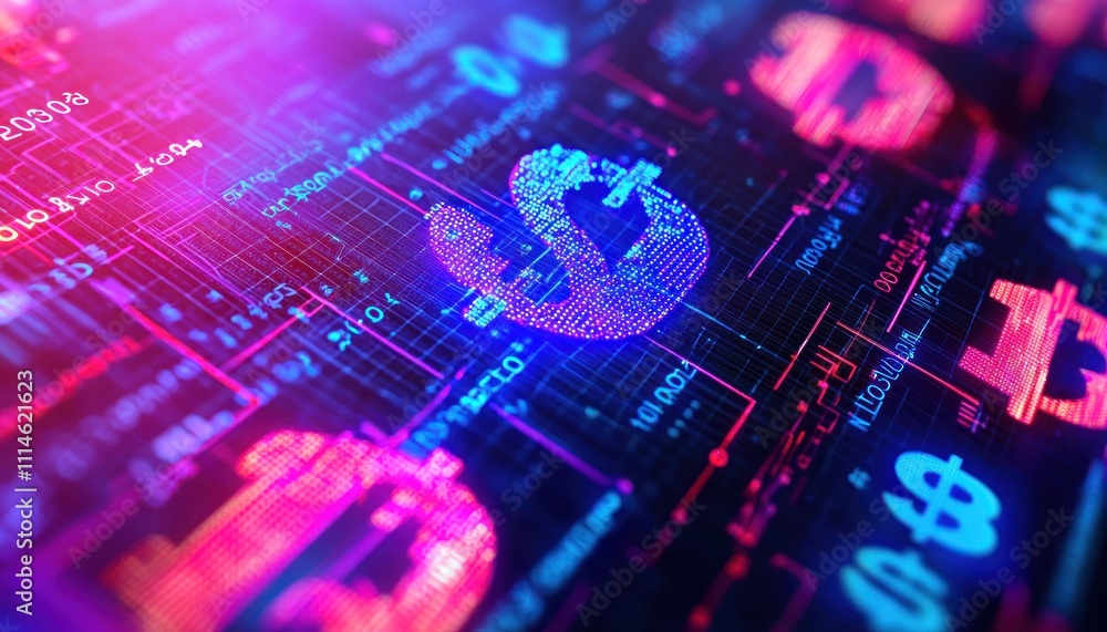 Poster digital currency symbol in neon lights on a circuit board