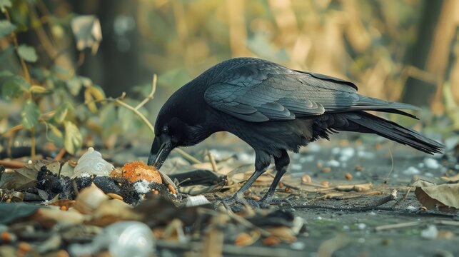 a flock of crows eating leftover food