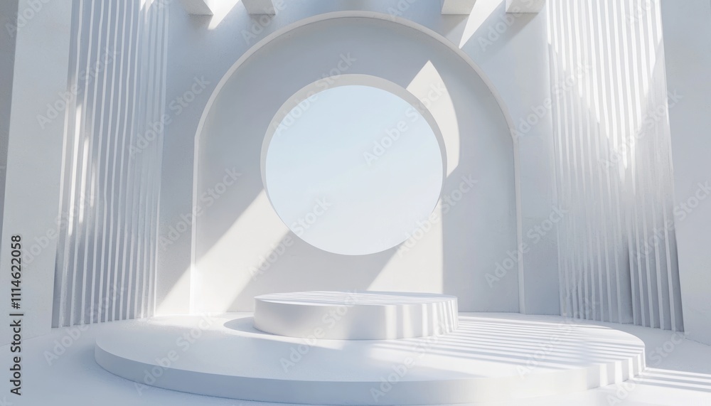 Poster minimalist white room with circular window and platform