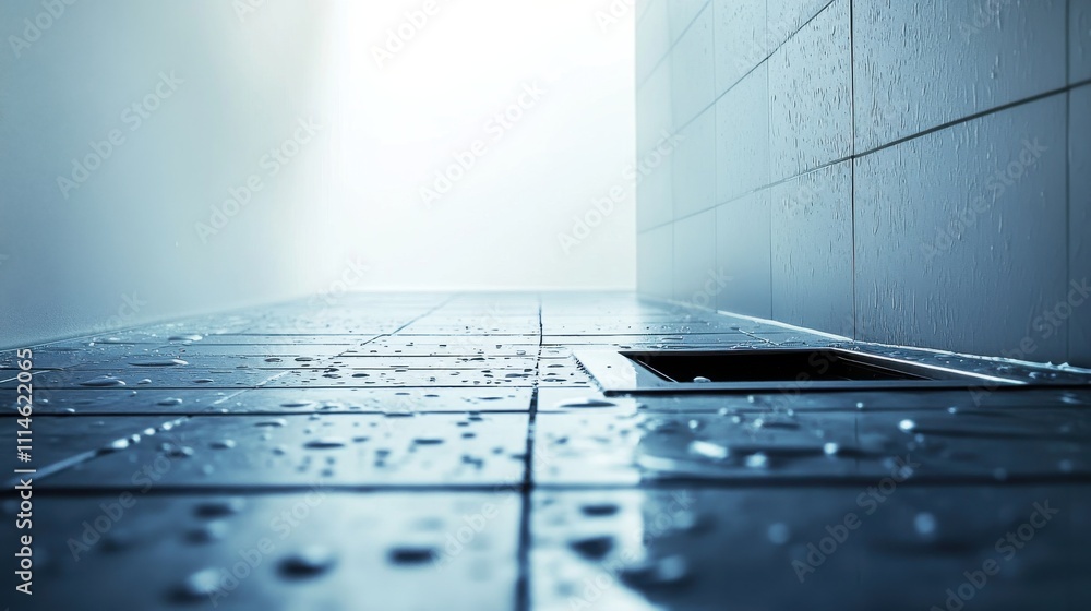 Poster A close-up view of a tiled bathroom floor with water droplets and a drain, creating a tranquil and clean environment