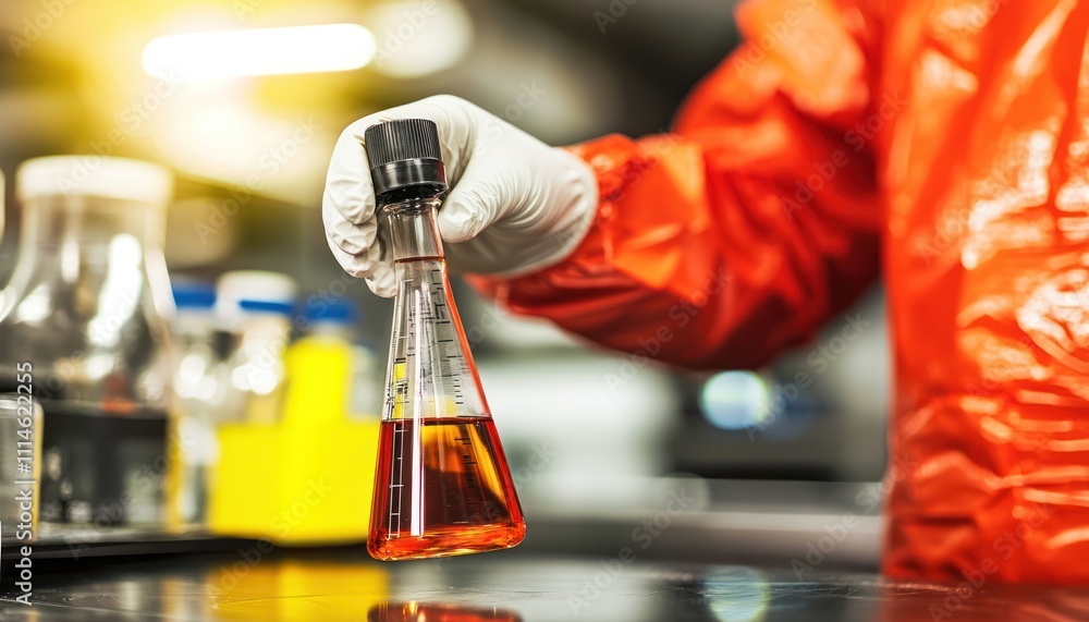 Poster a gloved hand holding a flask of red liquid in a laboratory setting