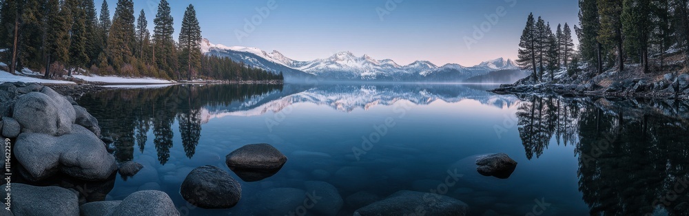 Poster a tranquil morning at lake tahoe with reflections of snow-capped mountains and evergreen trees in ca
