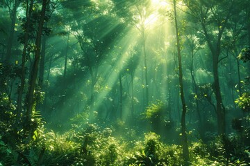 Obraz premium Sunlight shining through the trees in a forest filled with green plants