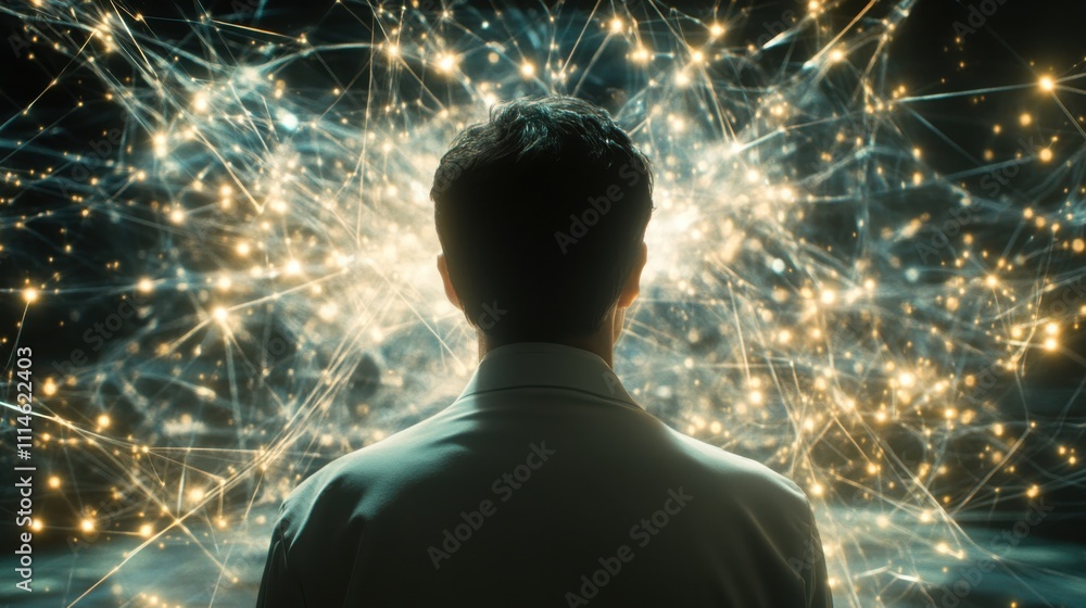 Aufkleber A scientist observes a complex network of connections illuminating the dark room, showcasing advanced research and innovation in the field of science