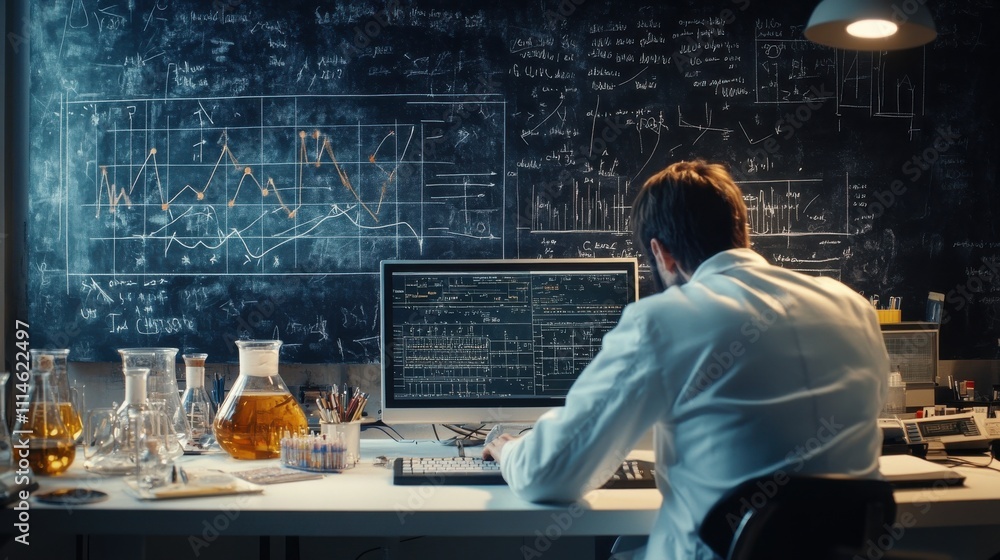 Fototapete Scientist in a lab coat analyzing data at a laboratory desk surrounded by glassware and chalkboard equations