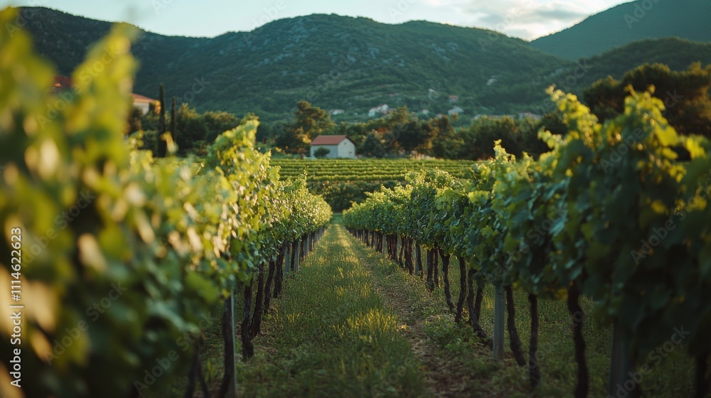 Poster A serene morning stroll through rows of lush grapevines in a quiet vineyard surrounded by rolling hills