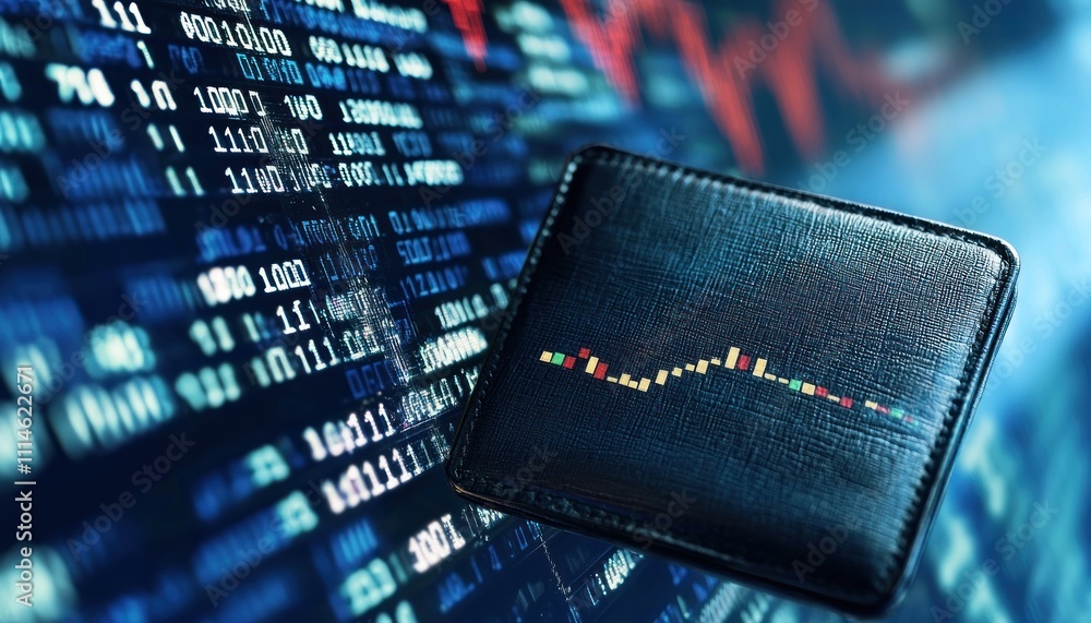 Poster leather wallet with stock market data in the background