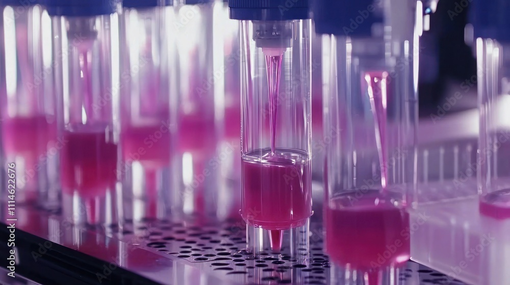 Aufkleber a close-up view of a row of clear tubes filled with pink liquid, likely in a laboratory setting