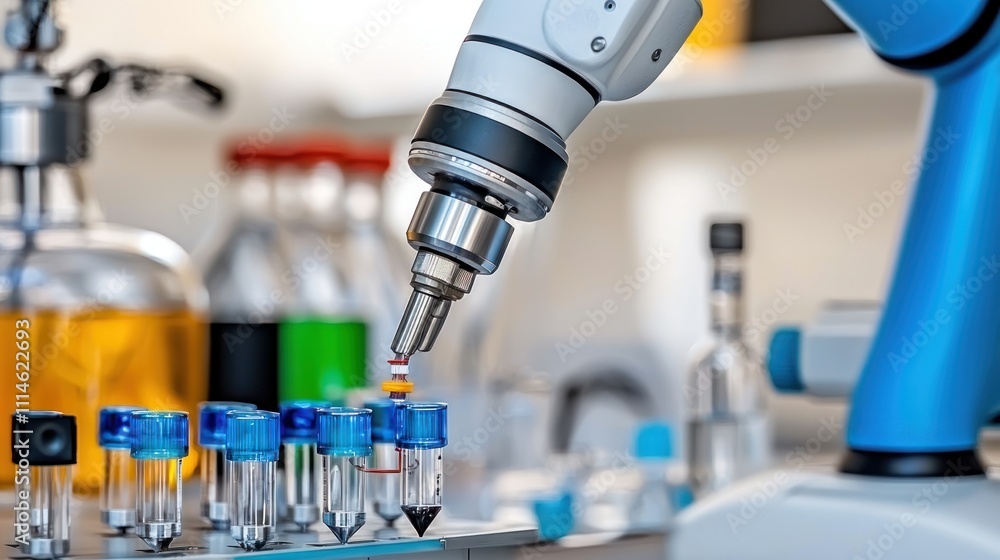 Poster robotic arm dispensing liquid into test tubes in a laboratory