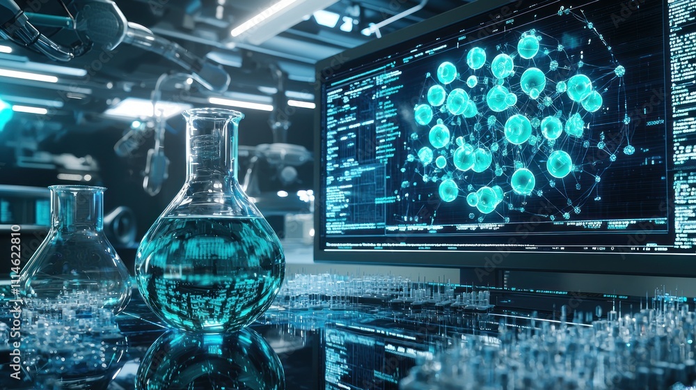 Leinwandbilder A futuristic laboratory with a large monitor displaying a network of connected glowing spheres, beakers filled with a blue liquid, and robotic arms in the background.