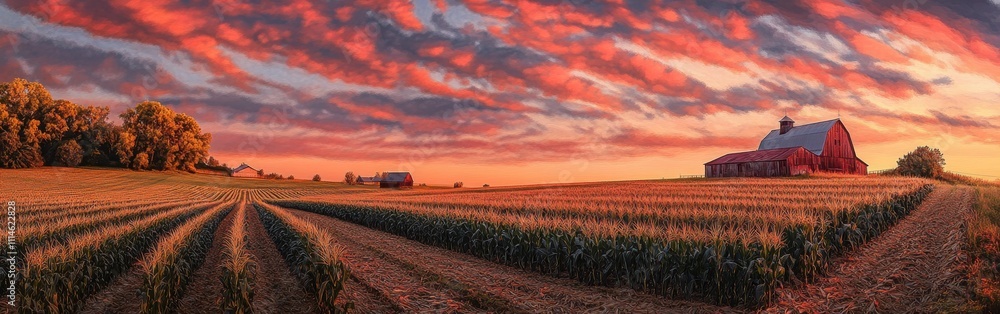 Poster breathtaking sunset over scenic highway with vibrant clouds, fields, and rustic barns creating a per