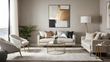 Modern living room with clean lines, neutral colors, and sleek furniture. Cozy textures from throw pillows and a soft area rug, with abstract wall art and metallic accents for a contemporary, stylish 
