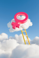 Female gender symbol floating on cloud with ladder leading to it