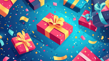 Obraz premium Generative AI illustration of colorful gifts with ribbons and bows placed on blue background