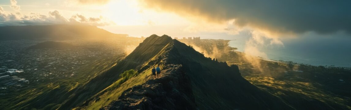 A stunning view of Diamond Head at sunrise showcasing lush greenery and the coastline of Oahu, Hawaii, framed by dramatic clouds in the sky
