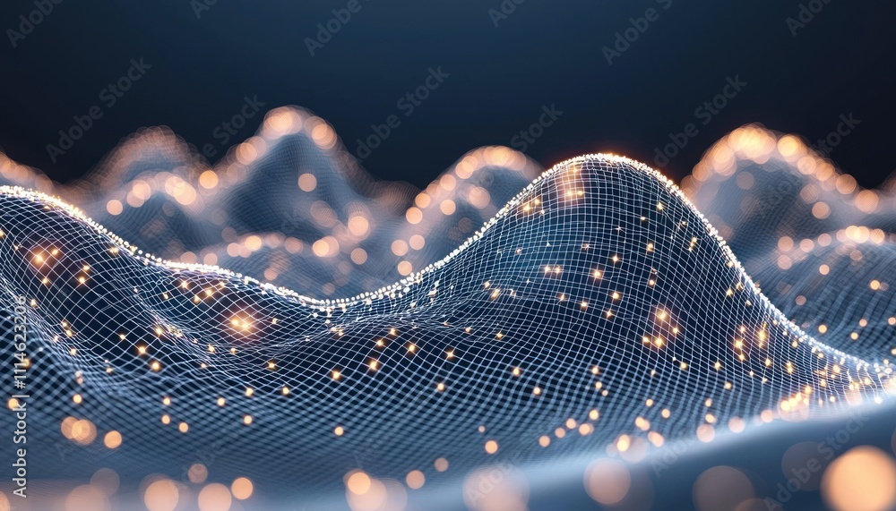 Poster Abstract Grid Pattern with Glowing Lights on a Wavy Surface