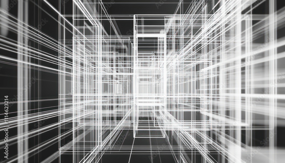 Poster abstract interlocking white lines and squares in a black background