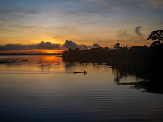 Morning atmosphere and sunrise on the Amazon east of Tefé.