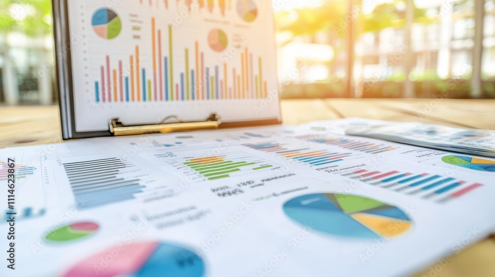 Poster colorful charts and graphs on a wooden table