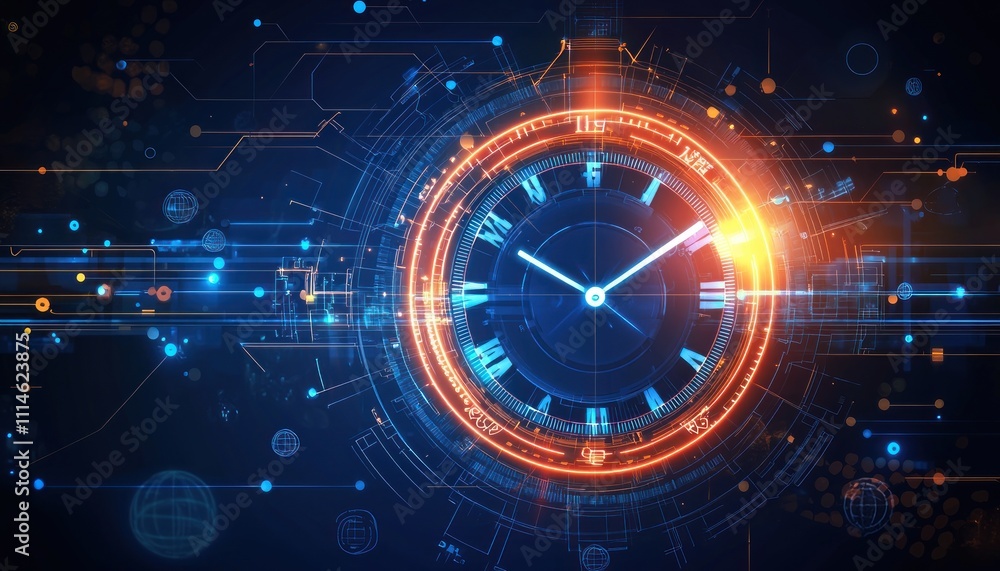 Poster futuristic clock with digital interface and glowing lines