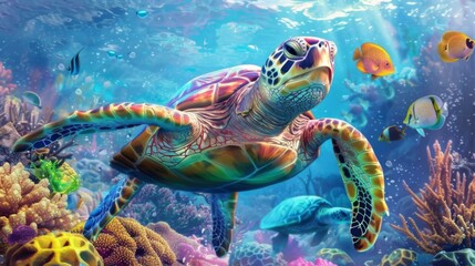 Obraz premium Charming Cartoon Turtle Smiling Happily in a Vibrant Underwater Scene with Colorful Coral and Playful Fish, Perfect for Children's Illustrations and Educational Materials
