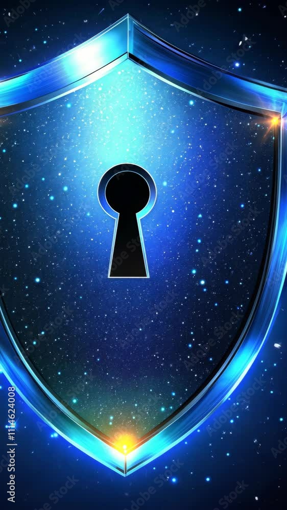 Poster shield with keyhole and cosmic background representing security and protection in a digital age