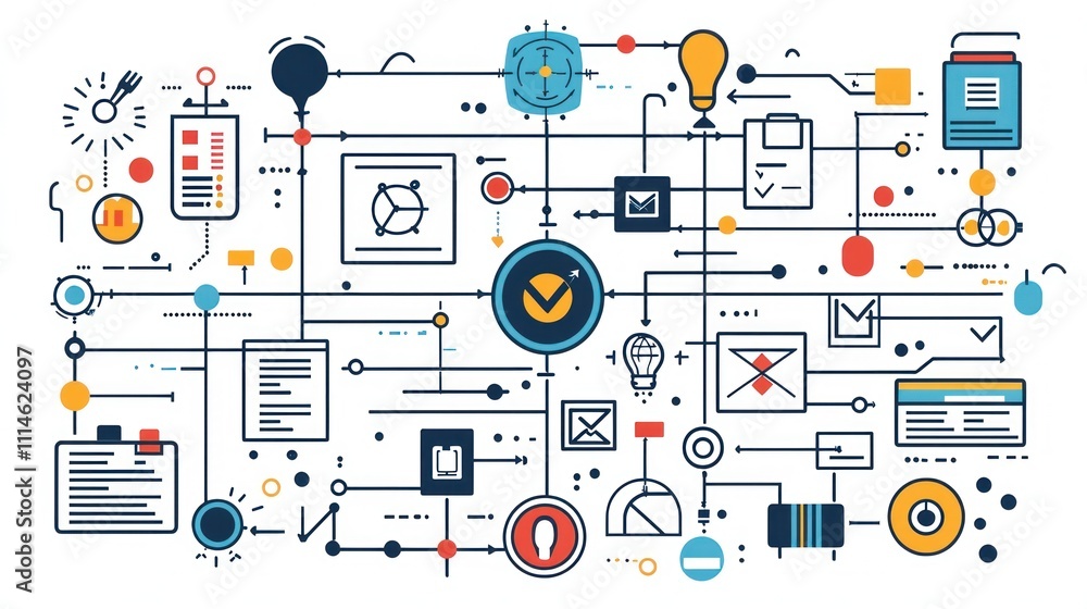 Poster Abstract Illustration of Interconnected System with Icons and Lines
