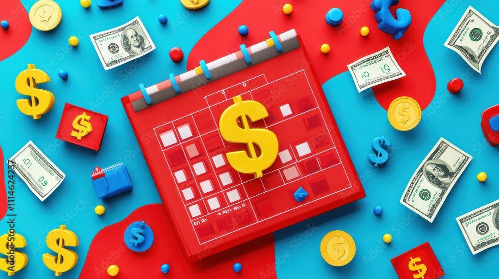 Aufkleber red calendar with dollar sign and surrounding money-themed objects
