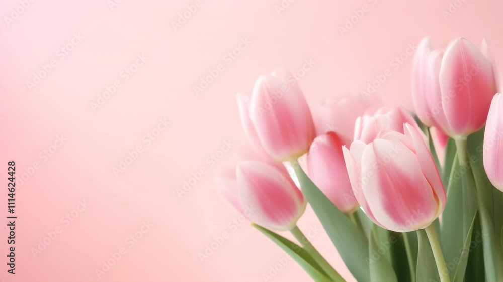 Poster pink tulips create a delicate and romantic atmosphere, standing out against a matching pink backdrop