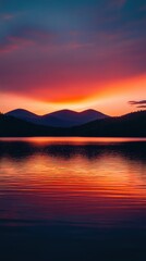 Naklejka premium Stunning sunset over the tranquil waters of the Adirondack Mountains reflecting vibrant colors in the evening sky