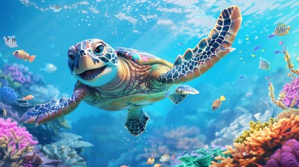 Obraz premium Charming Cartoon Turtle Smiling Happily in a Vibrant Underwater Scene with Colorful Coral and Playful Fish, Perfect for Children's Illustrations and Educational Materials