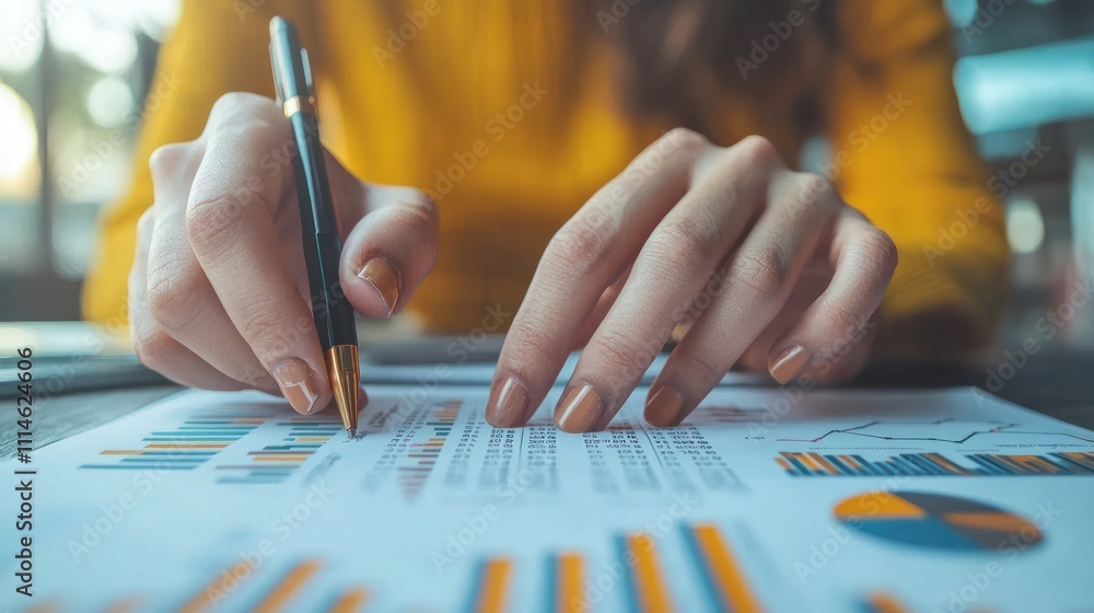 Poster close-up of hands analyzing financial data with pen