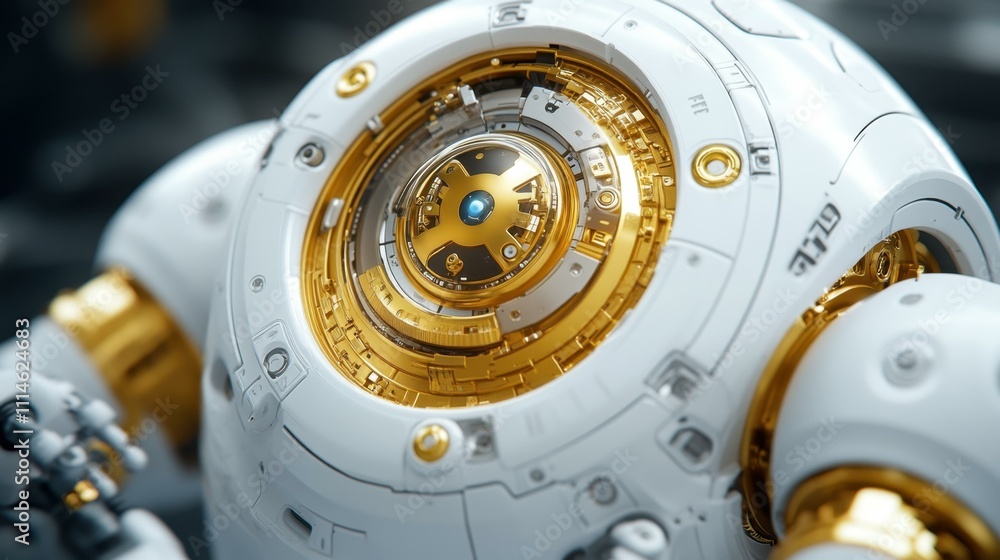 Poster advanced robotics innovation. futuristic robotic sphere with intricate gold mechanical components cl