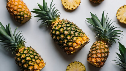 Fototapeta premium Several whole pineapples and pineapple slices are arranged on a white surface.